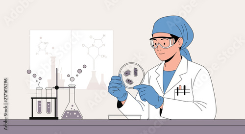 Scientist examines petri dish with microorganisms, lab equipment