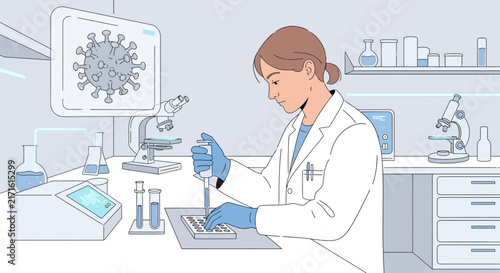 Scientist conducts research with coronavirus in laboratory, illustration