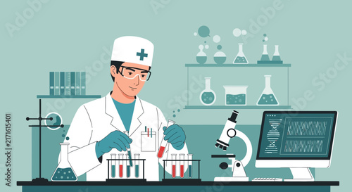 Scientist in lab coat, holding test tube, conducting experiment, microscope, computer