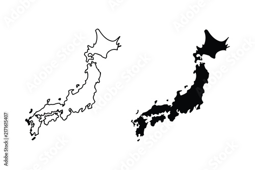 Set of Japan Map Silhouettes Outlined and Solid Black Icons
