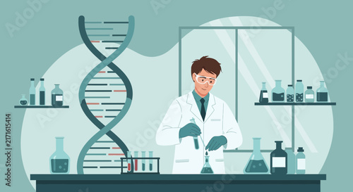 Scientist in Lab with DNA Strand, Conducting Experiment