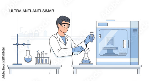 Scientist in lab with 3D printer and test tubes, illustration