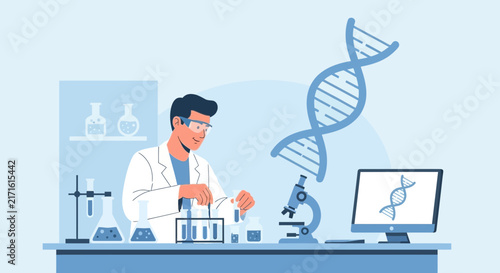 Scientist in Lab with DNA, Microscope, and Computer