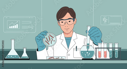Scientist in laboratory holding petri dish with samples, conducting research
