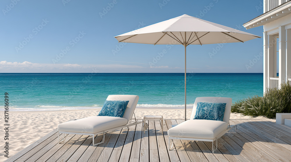 Obraz premium Serene beachfront deck with two white lounge chairs, blue pillows, large umbrella, wooden floor, and turquoise ocean under clear sky