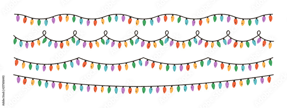Obraz premium Christmas light garlands set. Electric bulbs on strings, holiday illumination. Xmas and New Year decoration, retro lightbulbs cord, ornament. Flat vector illustration isolated on white background