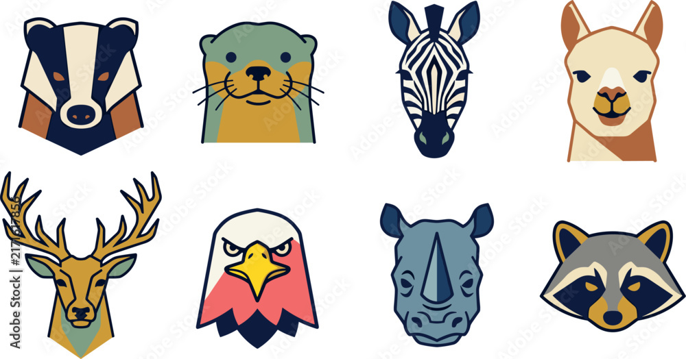 Naklejka premium Geometric Animal Head Vector Logo Set Featuring Stylized Badger Otter Zebra Alpaca Deer Eagle Rhino and Raccoon Icons for Corporate and Sports Branding