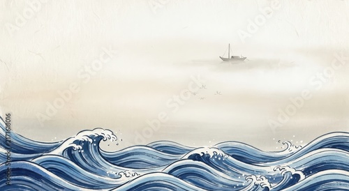 Stylized blue ocean waves with foam in traditional japanese art style isolated on a clean white background
