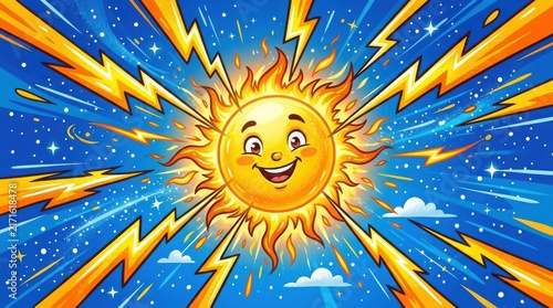 Happy cartoon sun character with bright yellow lightning bolts radiating in a vibrant blue sky with stars and small clouds