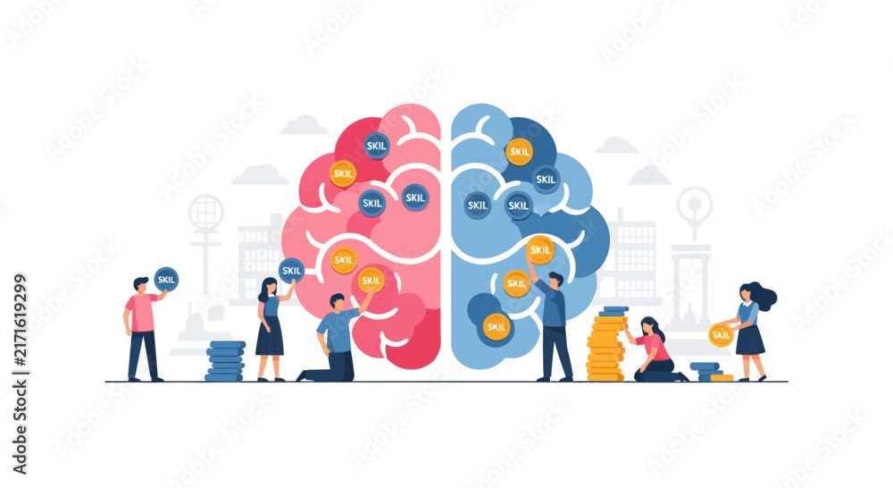 Fototapeta premium Flat vector illustration of diverse people adding skill tokens to a large human brain. Concept for learning, upskilling, and cognitive development.