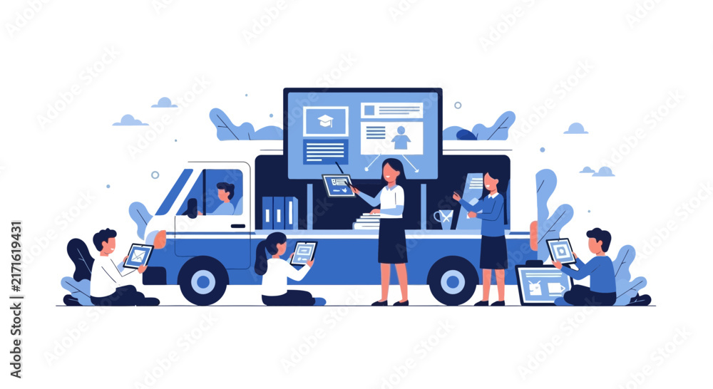 Fototapeta premium Mobile Education Van Illustration with Students and Teacher Using Digital Tablets for Remote Learning