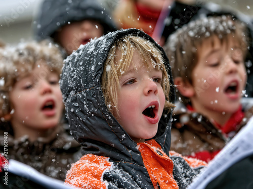 Community carolers singing in snow during winter gathering