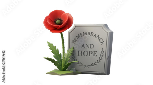 Foto 3D Render of Remembrance Poppy Flower and Memorial Stone