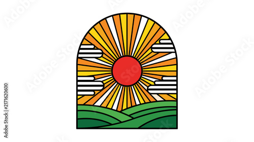Retro sunburst arch landscape vector art with red sun and green hills