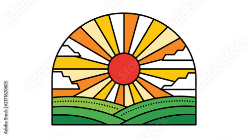Retro sunburst sunrise landscape geometric vector badge with rolling green hills and warm yellow orange rays