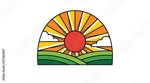 Retro sunburst sunrise landscape vector art graphic with green hills and clouds