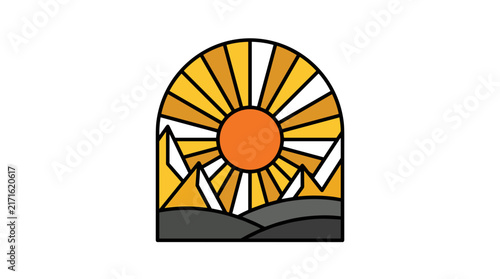 Retro sunrise mountain badge with warm yellow rays and dark hills