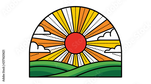Retro Sunset Landscape Badge with Rolling Green Hills and Sun Rays
