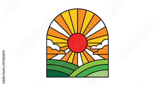Retro sunset vector design featuring yellow rays and green hills inside a classic arched frame