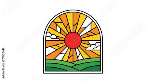 Stained glass window graphic showing a red sun over rolling green hills