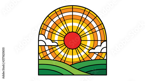 Stained glass window graphic featuring a radiant sun over green hills