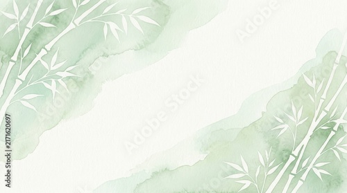 Soft green bamboo stems and leaves illustration with watercolor texture on a clean white background for zen and nature design