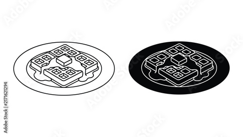Bild auf Leinwand Waffle with butter and syrup on a plate, isometric line art icon set, breakfast