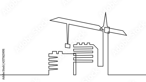 Continuous line wind turbine with houses drawing. Minimalist one line art style. Logos postcards books t-shirts covers print. White background black outline vector illustration.