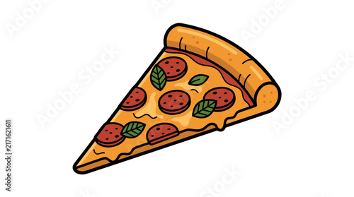 Single slice of pepperoni pizza with fresh basil leaves, flat vector illustration icon