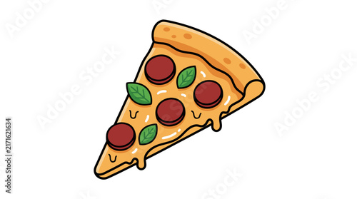 Single slice of pepperoni pizza with fresh basil leaves, flat vector illustration icon