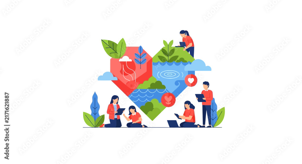 Fototapeta premium People Collaborating for Environmental Protection and Sustainability in Heart Shape Illustration