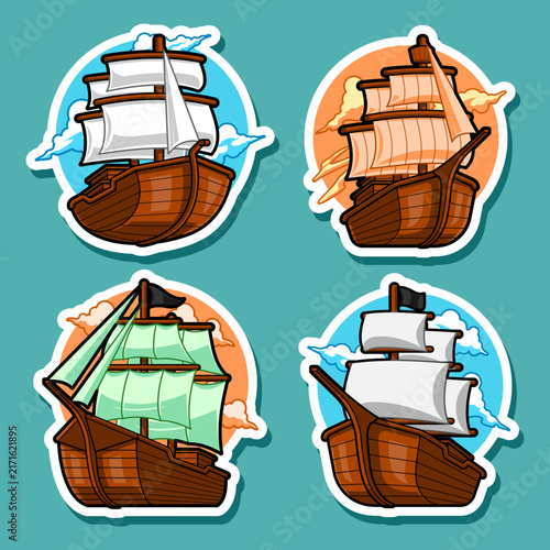 Vintage Wooden Ship, Sailing Ship, Water Transportation, Sticker and Cartoon Design