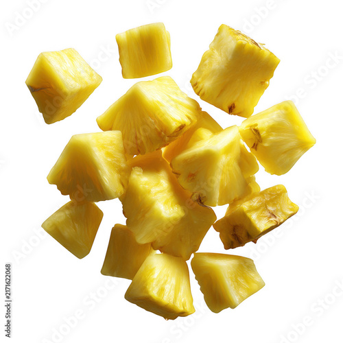 Fresh yellow pineapple chunks cut into small pieces isolated on transparent background