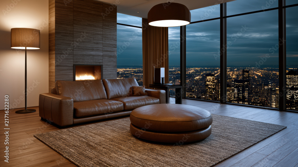 Naklejka premium Modern high rise apartment living room with brown leather sofa, round ottoman, fireplace, city view, cozy evening ambiance