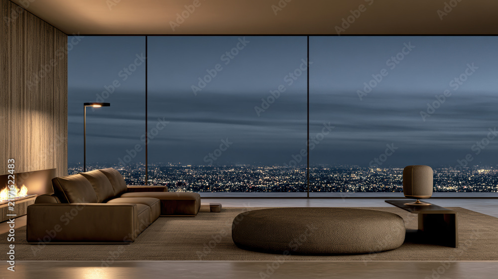 Naklejka premium Modern living room with panoramic city view, cozy sofa, round ottoman, fireplace, floor lamp, and minimalist decor at night