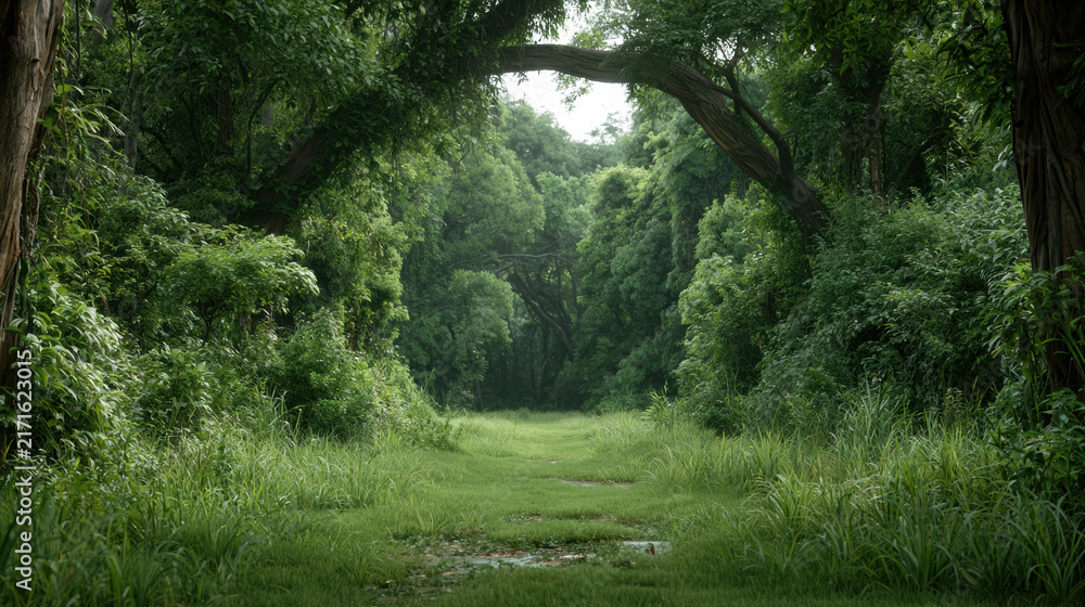 Fototapeta premium Lush green forest path with overgrown grass, dense foliage, natural archway, peaceful atmosphere, vibrant nature scene