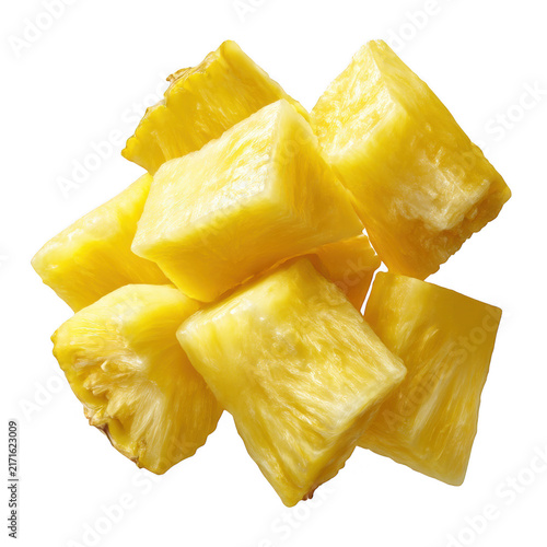 Fresh yellow pineapple chunks cut into small pieces isolated on transparent background