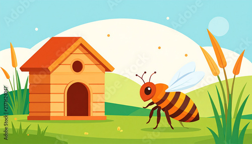 Red mason solitary bee beside reed insect hotel in flat vector infographic illustration generative AI