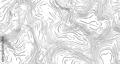 Konstfotografi Detailed Grayscale Contour Map, Winding River and Valley Terrain with Layered Topographic Lines, Elevation Patterns, Natural Landforms and Geographic Background Design