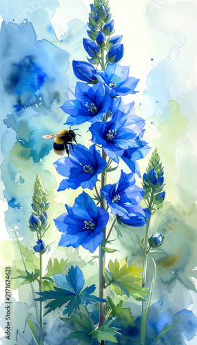 Delphinium tower with bumblebee in fresh watercolor illustration under soft morning light generative AI