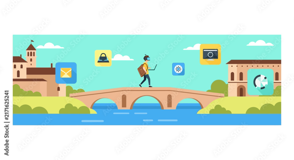 Fototapeta premium Digital Nomad Using VR Headset and Laptop While Walking on a Bridge with App Icons Illustration