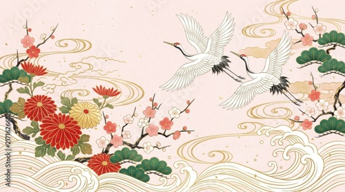 Traditional japanese art illustration with red chrysanthemum flowers, pine branches, flying cranes, and stylized ocean waves
