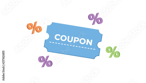 Blue shopping coupon ticket surrounded by three-dimensional colorful percent signs floating on a clean white background.