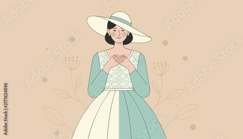 Charming vintage-style illustration of a woman in a wide-brimmed straw hat and elegant teal dress with floral accents.