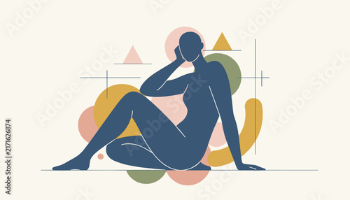 Artistic abstract illustration depicting a blue silhouette of a seated woman surrounded by colorful retro geometric shapes.