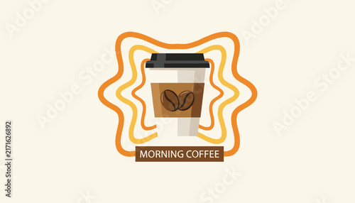 Morning coffee illustration showing a paper coffee cup with bean details surrounded by warm retro orange wave lines.