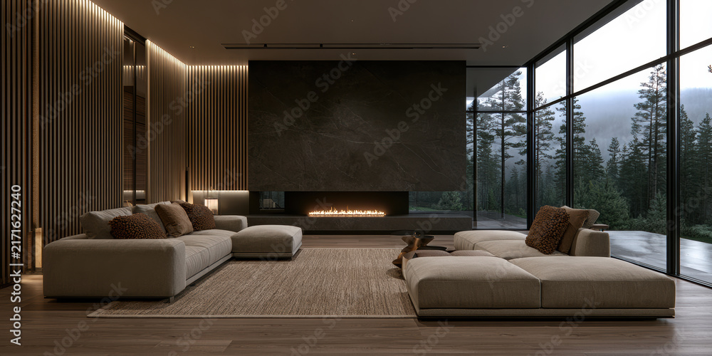 Naklejka premium Modern living room with large windows beige sofa wooden wall fireplace forest view cozy atmosphere minimalist style soft lighting