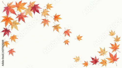 Colorful falling autumn maple leaves arranged in a decorative frame border isolated on white background
