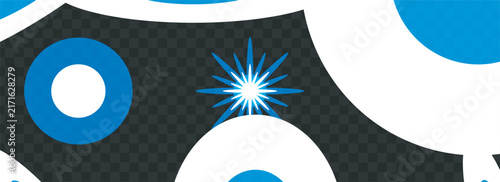 Abstract blue and white circular shapes with shining glowing sparkle star on dark geometric modern pattern background.