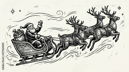 A captivating vintage illustration depicts santa claus joyfully soaring through the night sky in his sleigh pulled by a team of magnificent reindeer spreading